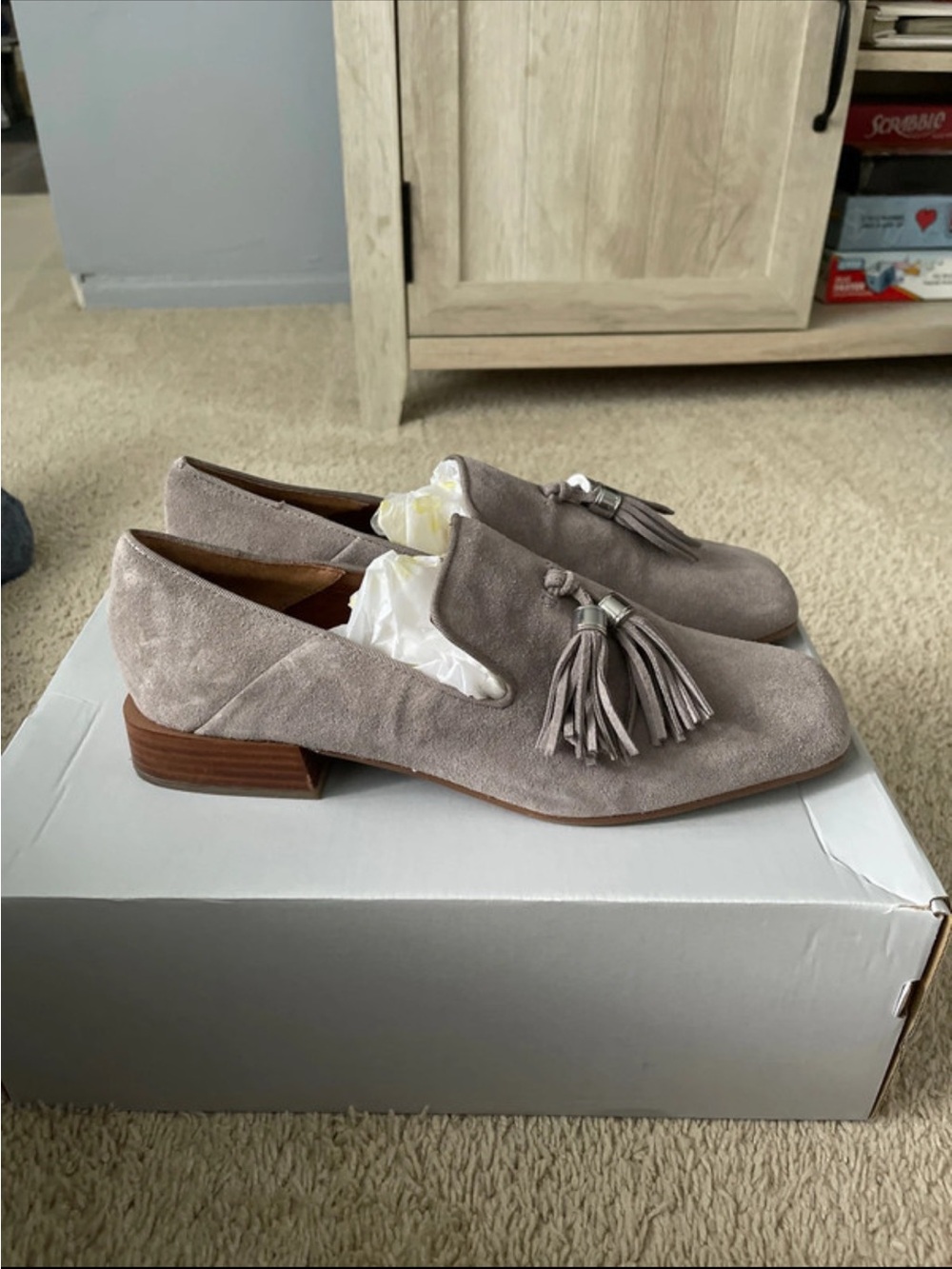 Franco Sarto Taupe Suede Tassel Loafers with Low Heel